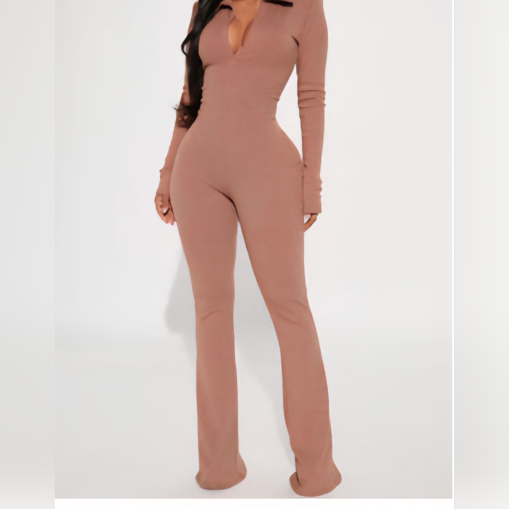 Fashion Nova Tan Jumpsuit Sleek Form-Fitting Design
